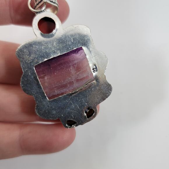 Handmade Silver Pendant with Banded Amethyst Jasper and Green Quartz Trio - Picture 5 of 10